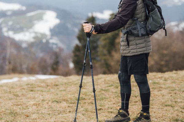 muž stojí s palicami Alpine Explorer